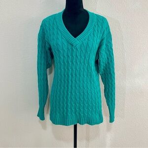 VTG Clifford & Wills Teal Green Cotton Cable Knit V-Neck Sweater Size M